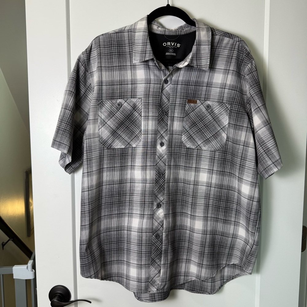 Orvis Men's Short‎ Sleeve Button Down Grey White Plaid Breathable Light Shirt XL